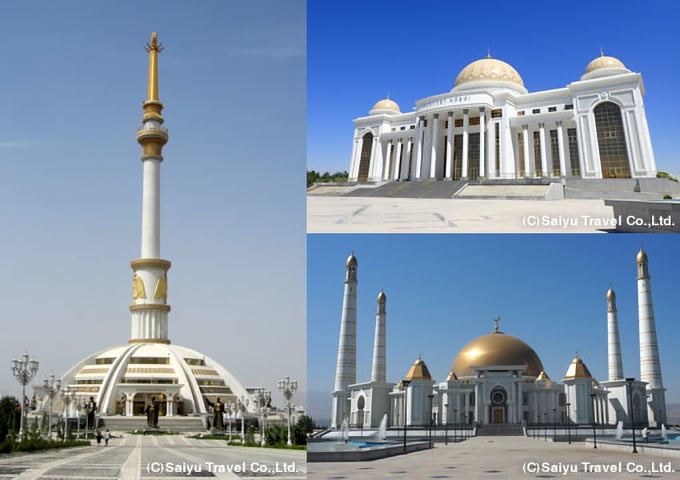 白い大理石造りの建造物が立ち並ぶトルクメニスタンの首都アシガバード